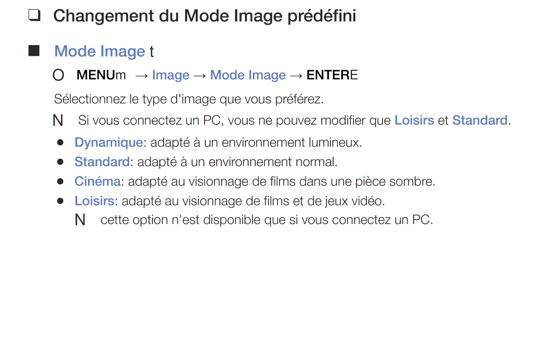 Samsung LT28E316EX/EN manual Changement du Mode Image prédéfini , Mode Image t, OO MENUm → Image → Mode Image → Entere 